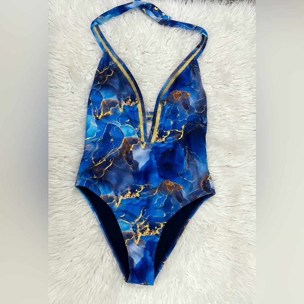 NWZLC Women Swimsuit blue/gold marvel V neck gold accents Size M
